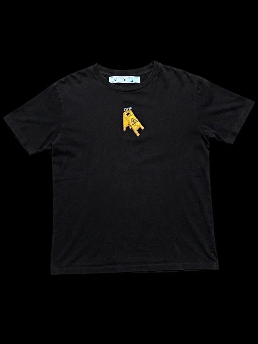 Off-White Black Short Sleeve Tee with Yellow Chest Motif Size S